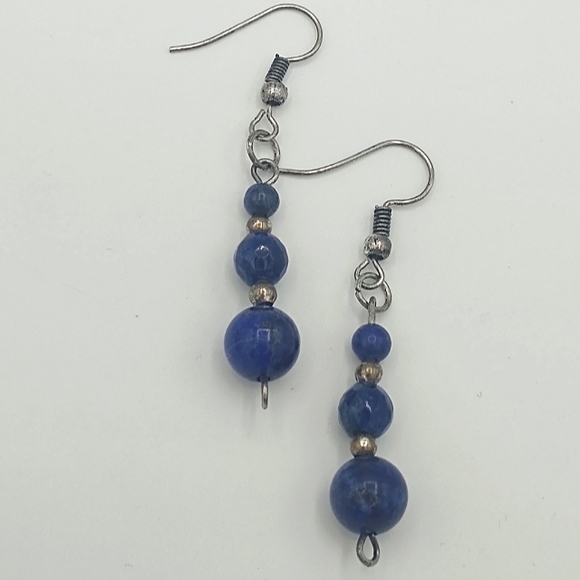 Sodalite Silver tone Dangle Drop Beaded French Hook Earrings Vintage - Picture 6 of 7